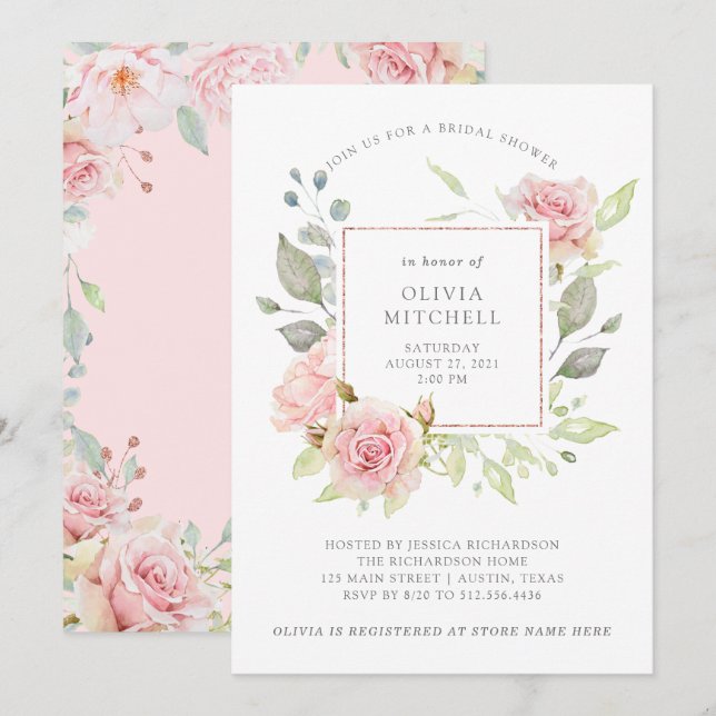 Schöne Rose Elegantes Rosa Brautparty Einladung (Vorne/Hinten)