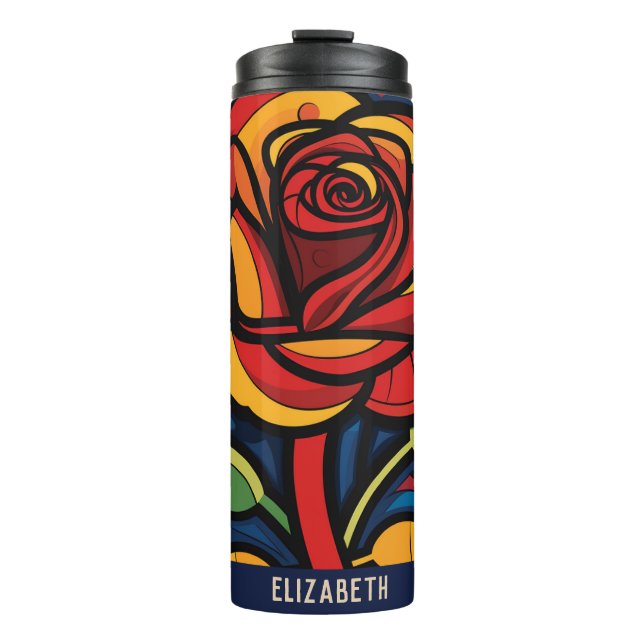 Schöne Rose florschwarzer Thermaltumbler Thermosbecher (Vorderseite)