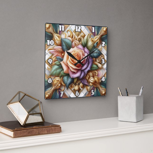 Schöne Rose in aufwändiger Kunst Quadratische Wanduhr (Büro)
