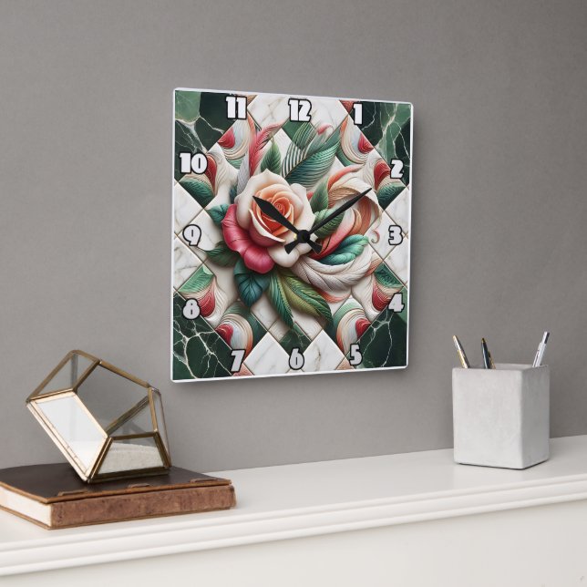 Schöne Rose Mosaik Kunst mit bunten Blätter Quadratische Wanduhr (Büro)