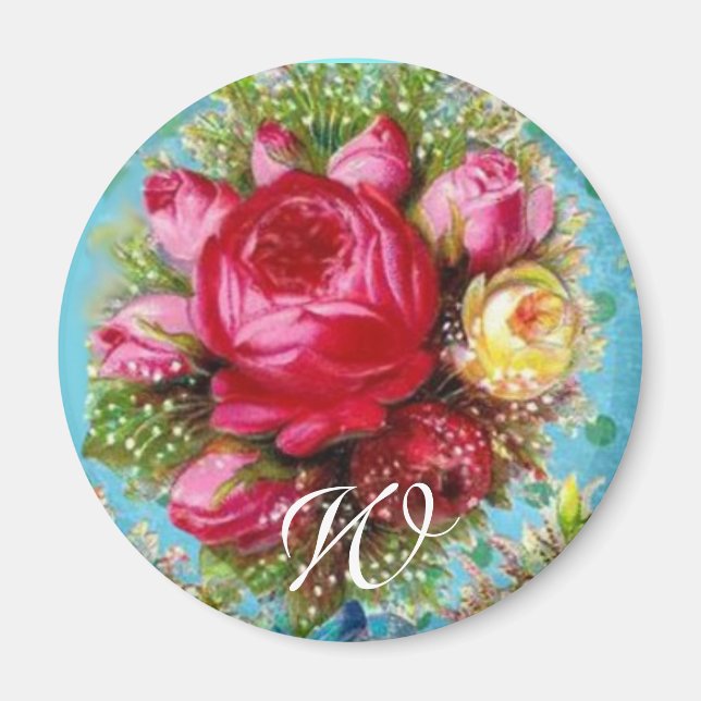 SCHÖNE ROSE UND BLUE BLUES Monogramm Magnet (Vorne)