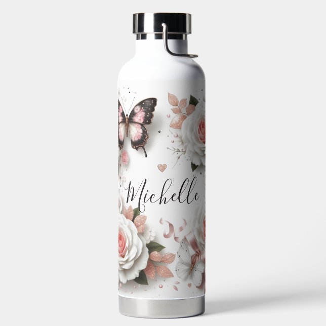 Schöne Rose und Schmetterling Trinkflasche (links)