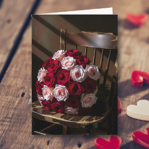 Schöne Rosen auf einem rustikalen Stuhl   Valentin Karte