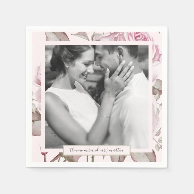 Schöne Rosen in Rosa mit Foto Hochzeit Serviette (Vorderseite)