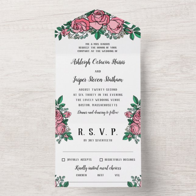Schöne Rosenblütenhochzeit All In One Einladung (Innen Boden)