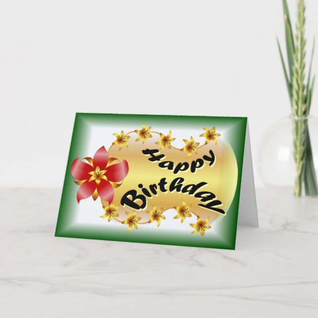Schöne Rot-Gold-Blume am Grünen Geburtstag Karte (Vorderseite)