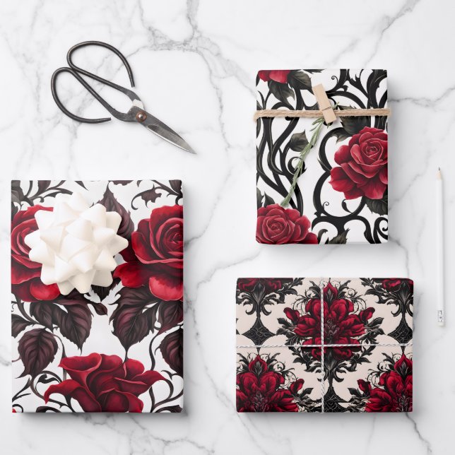 Schöne Rot-Gotik-Rose Geschenkpapier Set (Vorderseite)