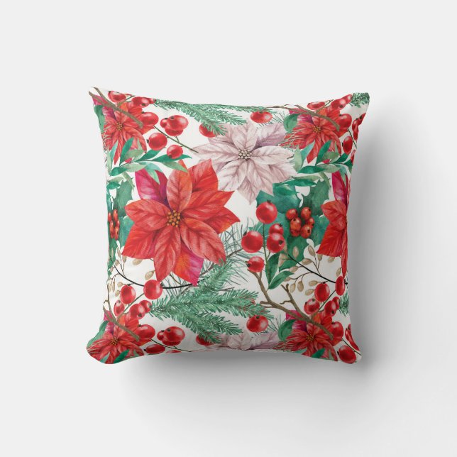 Schöne Rot und Rosa Poinsettias, Pine & Berries Kissen (Vorderseite)