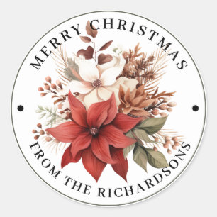 Schöne Rot & Weiß Blumen Frohe Weihnachten Runder Aufkleber