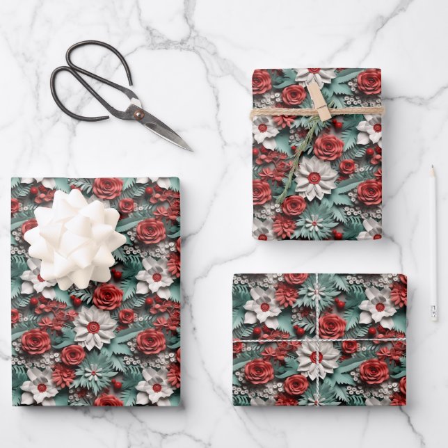 Schöne rot-weiß-grüne 3D Poinsettia Geschenkpapier Set (Vorderseite)