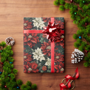 Schöne Rot Weiß und Grün Poinsettia Geschenkpapier