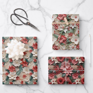 Schöne Rot Weiß und Grün Poinsettia Geschenkpapier Set