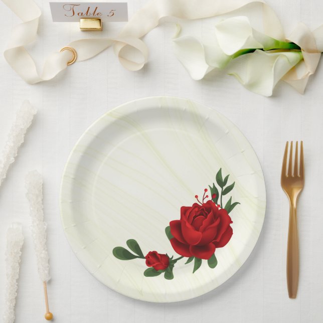 schöne rote Blume, grüne Blätter Pappteller (Hochzeit)