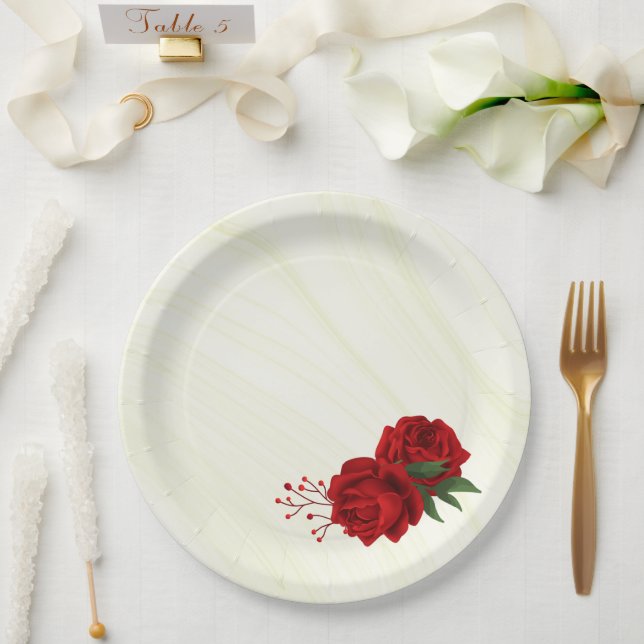 schöne rote Blume, grüne Blätter Pappteller (Hochzeit)