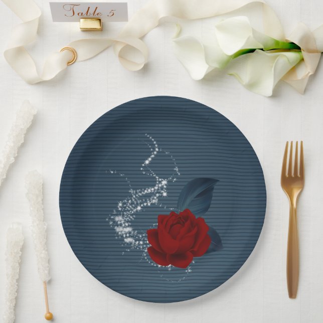 Schöne Rote Blume & Marine Blätter Pappteller (Hochzeit)