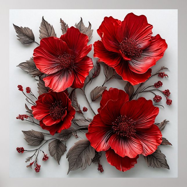 Schöne Rote Blume und Blätter Poster (Vorne)
