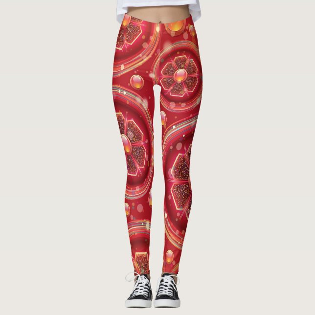 schöne rote Blume und Perlen Leggings (Vorderseite)