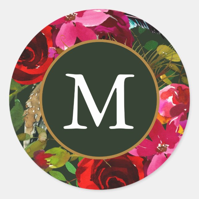 Schöne Rote Blüte mit Monogramm Grünen Weihnachten Runder Aufkleber (Vorderseite)