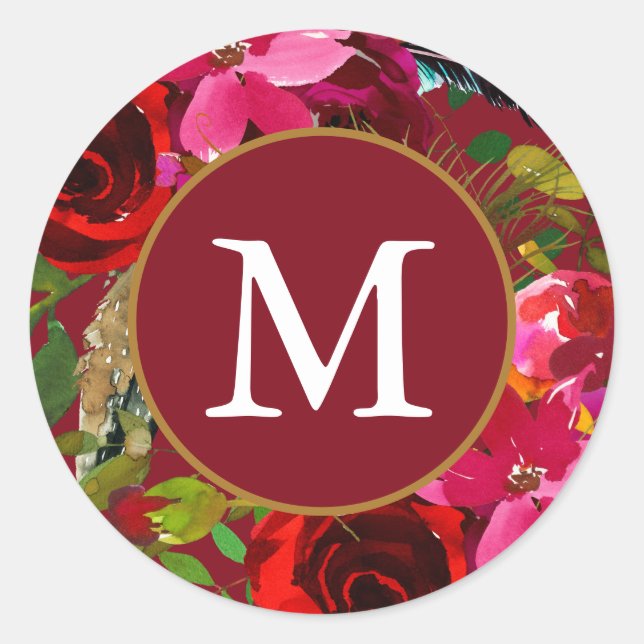 Schöne Rote Blüte mit Monogramm Weihnachten Runder Aufkleber (Vorderseite)