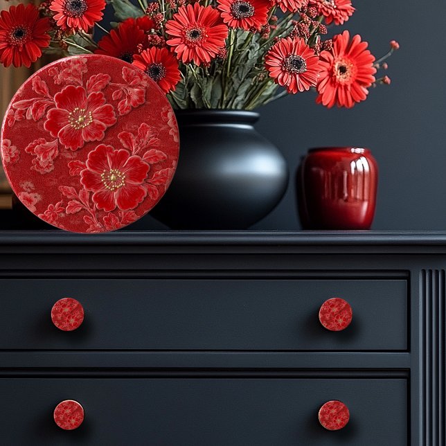 Schöne rote geprägte Blumen Keramikknauf (Von Creator hochgeladen)