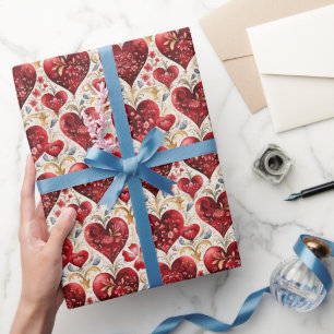Schöne rote Herzen und Blumen Vintage Geschenkpapier