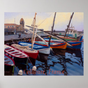 Schöne rote orange blaue grüne Boote in Collioure Poster