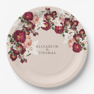Schöne rote rosa Rosen weiße Lilien Hochzeitspapie Pappteller