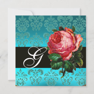 SCHÖNE ROTE ROSE  BLAUE SCHWARZE DAMAST-MONOGRAMM EINLADUNG