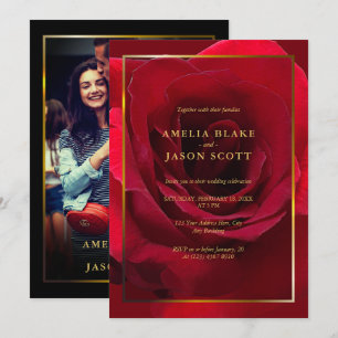 Schöne Rote Rose Gold Rahmen mit Foto Hochzeit Einladung