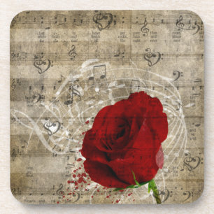Schöne rote Rose Musiknoten wirbeln verblasstes K Getränkeuntersetzer