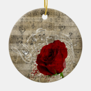 Schöne rote Rose Musiknoten wirbeln verblasstes K Keramik Ornament