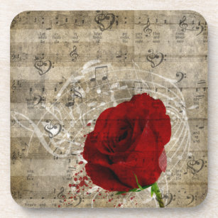 Schöne rote Rose Musiknoten wirbeln verblasstes Kl Getränkeuntersetzer