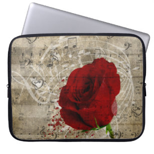 Schöne rote Rose Musiknoten wirbeln verblasstes Kl Laptopschutzhülle