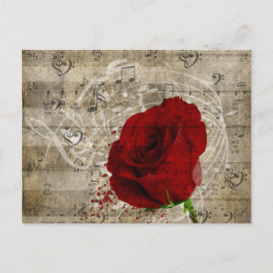 Schöne rote Rose Musiknoten wirbeln verblasstes Kl Postkarte
