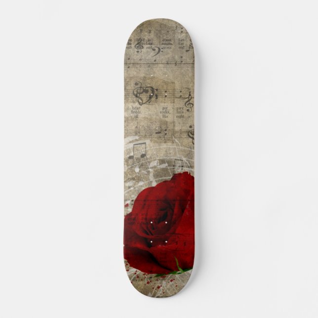 Schöne rote Rose Musiknoten wirbeln verblasstes Kl Skateboard (Vorderseite)