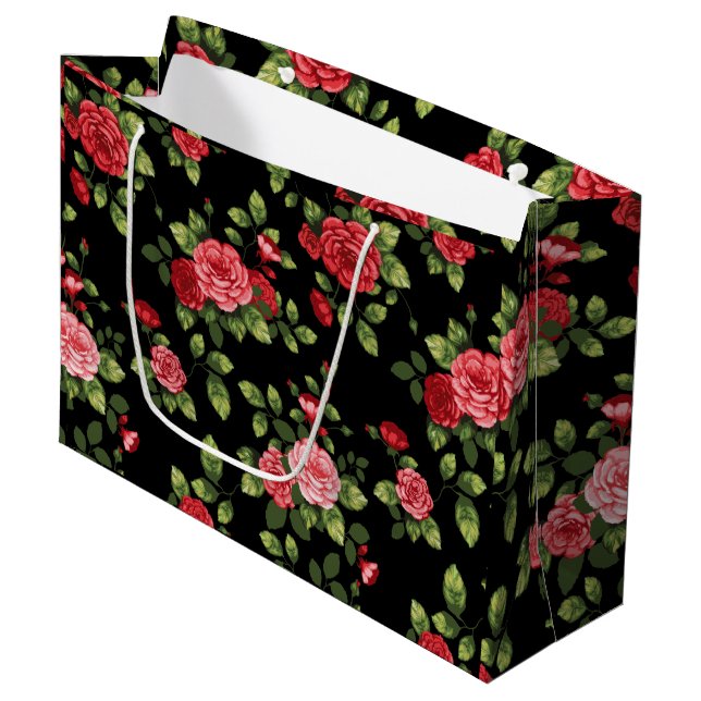 Schöne Rote Rose Muster Geschenktasche Große Geschenktüte (Vorderseite Schrägansicht)