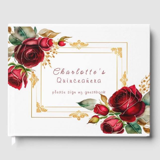 Schöne Rote Rosen Gold Filigree Quinceañera Gästebuch (Vorderseite)