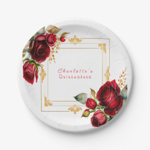 Schöne Rote Rosen Gold Filigree Quinceañera Pappteller