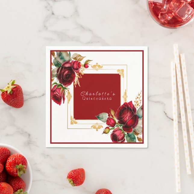 Schöne Rote Rosen Gold Filigree Quinceañera Serviette (Beispiel)