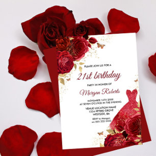 Schöne Rote Rosen Sparkle Kleid 21. Geburtstag Einladung