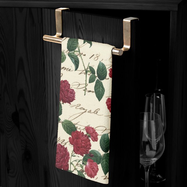 Schöne Rote Rosen und klassische Vintage Handschri Geschirrtuch (Von Creator hochgeladen)