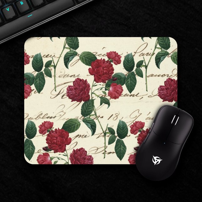 Schöne Rote Rosen und klassische Vintage Handschri Mousepad (Von Creator hochgeladen)
