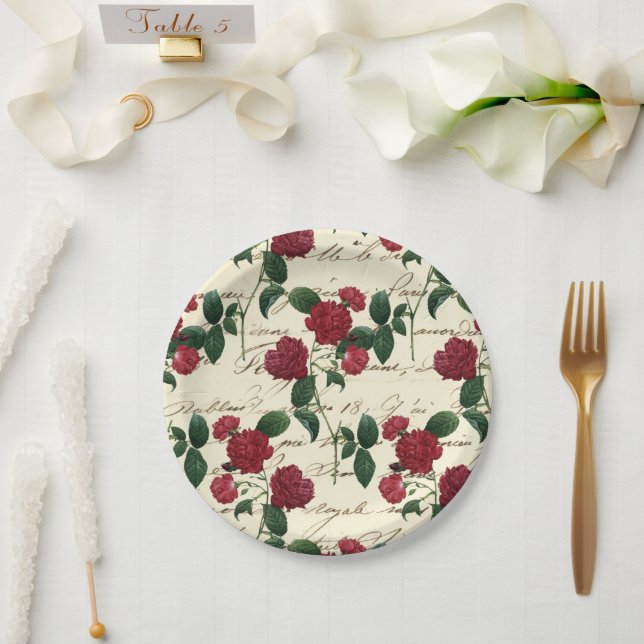 Schöne Rote Rosen und klassische Vintage Handschri Pappteller (Hochzeit)