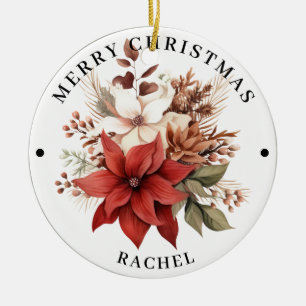 Schöne rote und weiße florale Frohe Weihnachten  Keramik Ornament