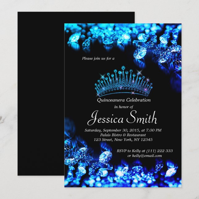 Schöne Royal Blue Diamond Quinceñera Einladung (Vorne/Hinten)