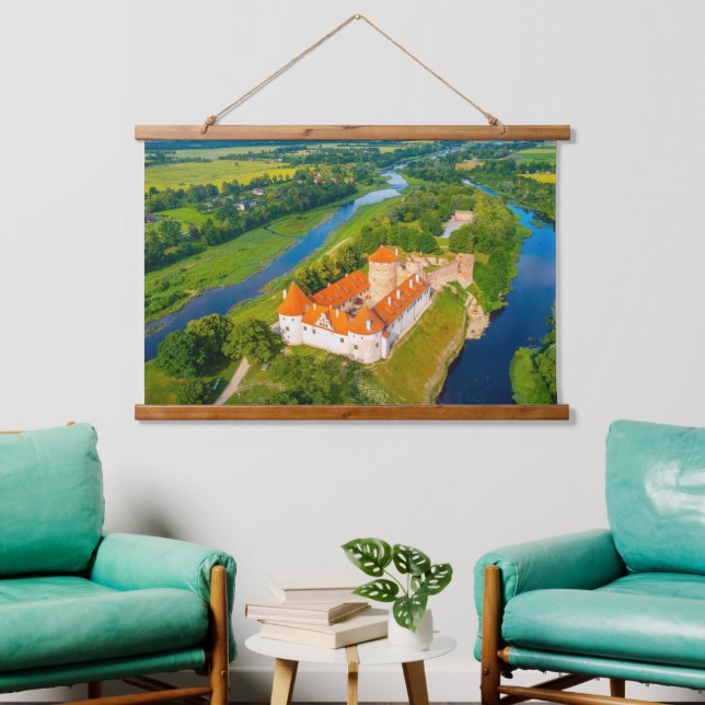 Schöne, ruhige Landschaft Alte Burg Flüsse Wandteppich Mit Holzrahmen (Wohnzimmer)