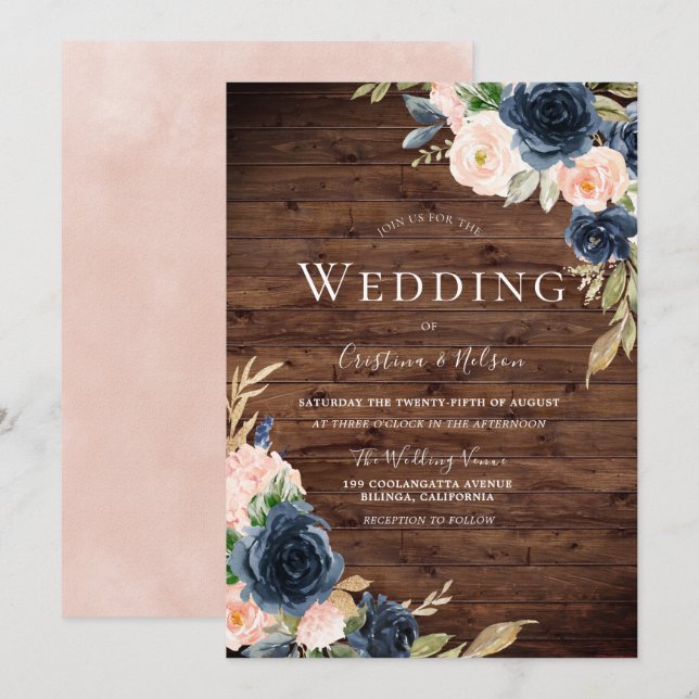 Schöne Rustikal Blush & Navy Blume Hochzeit Einladung (Vorne/Hinten)
