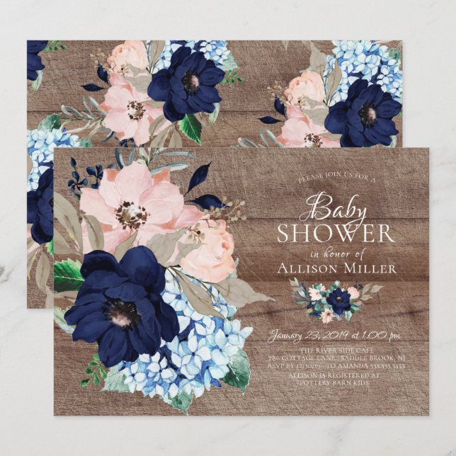 Schöne Rustikale Navy & Blush Bloral Baby Dusche Einladung (Vorne/Hinten)