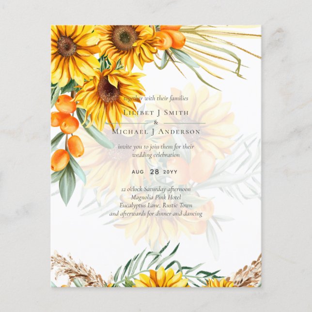 Schöne rustikale Sonnenblumen Pampas Grass Wedding Flyer (Vorne)