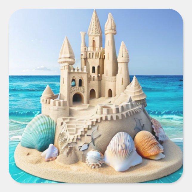 Schöne Sandburg am Hübschen blauen Strand Quadratischer Aufkleber (Vorderseite)